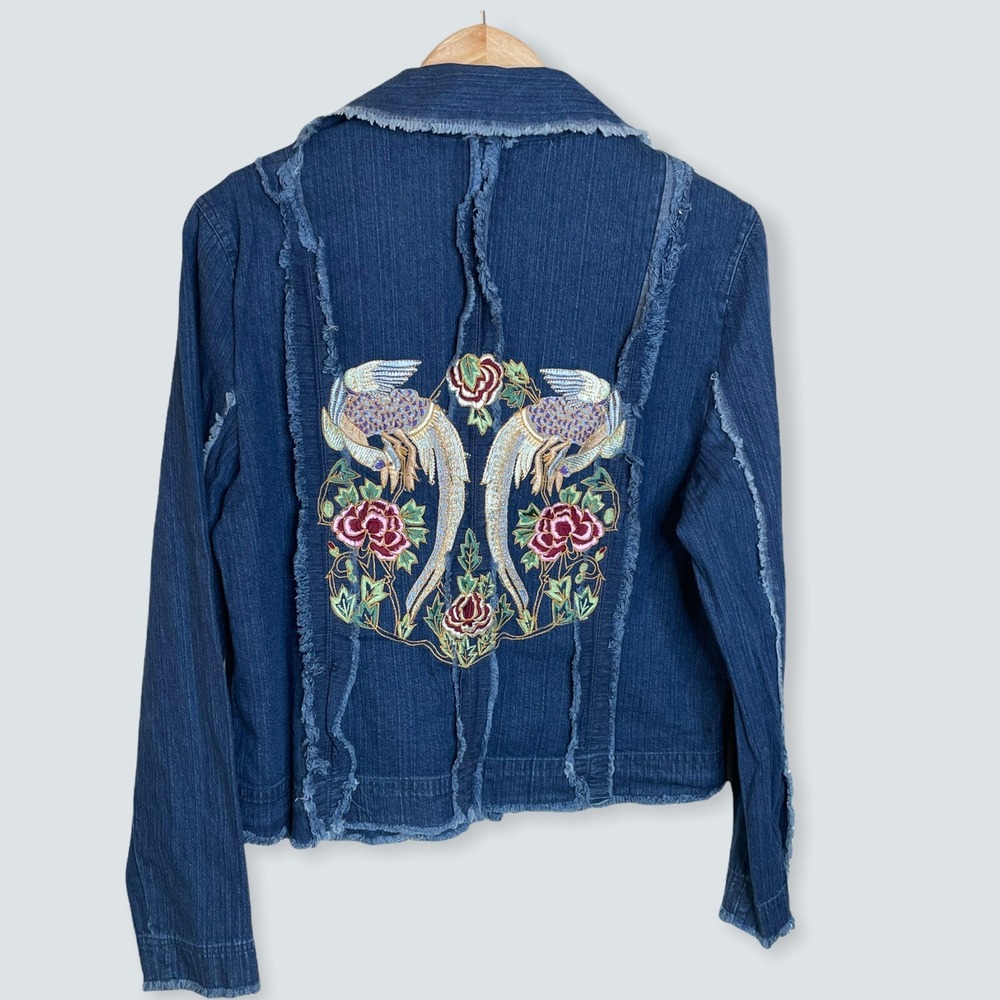 Daniel K Womens Jacket Size M Blue Denim Peacock and Peonies Embroidered‎